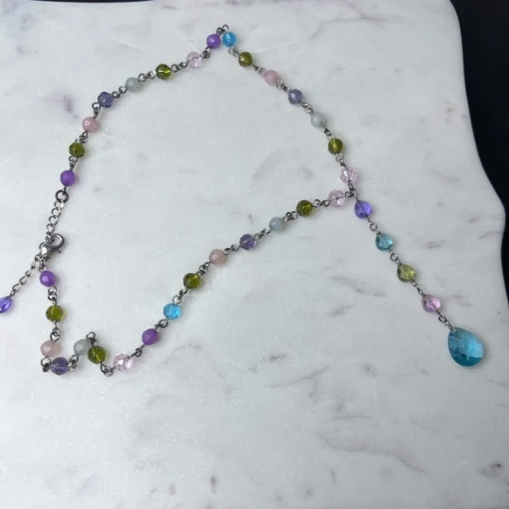 Vintage kids colorful beads with silver tone necklace